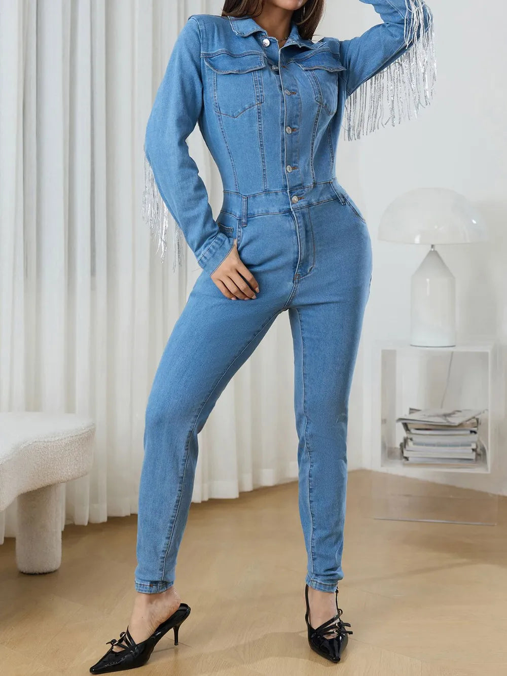 Fringe Half Button Long Sleeve Denim Jumpsuit - Merit Sell