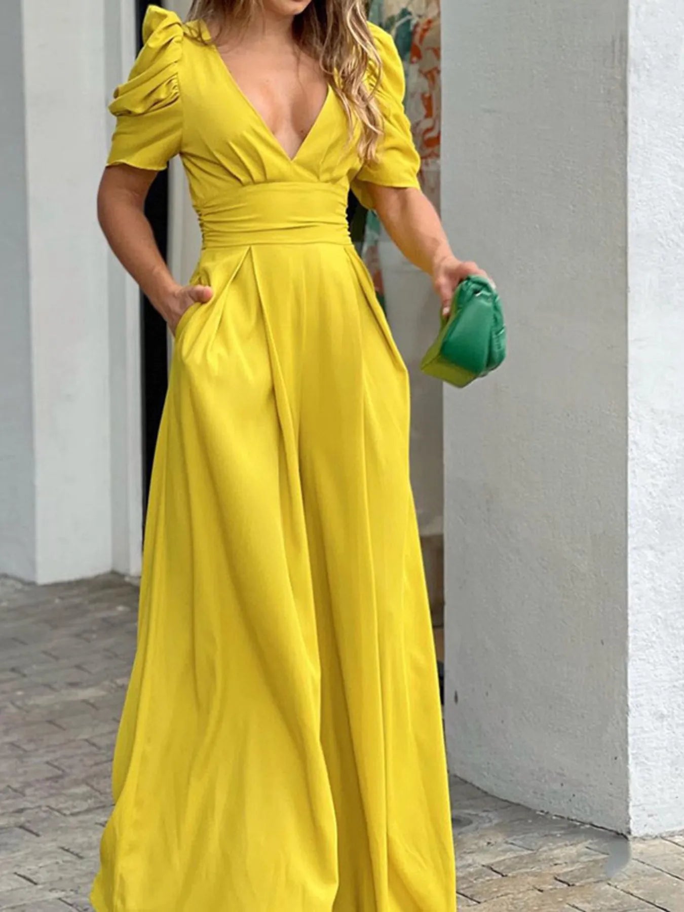 Full Size Cutout V-Neck Puff Sleeve Jumpsuit Plus Size - Merit Sell