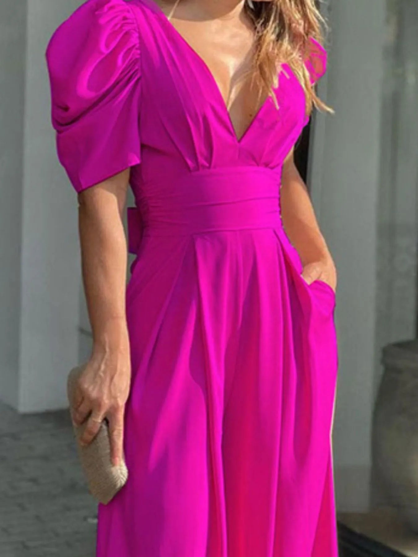 Full Size Cutout V-Neck Puff Sleeve Jumpsuit Plus Size - Merit Sell