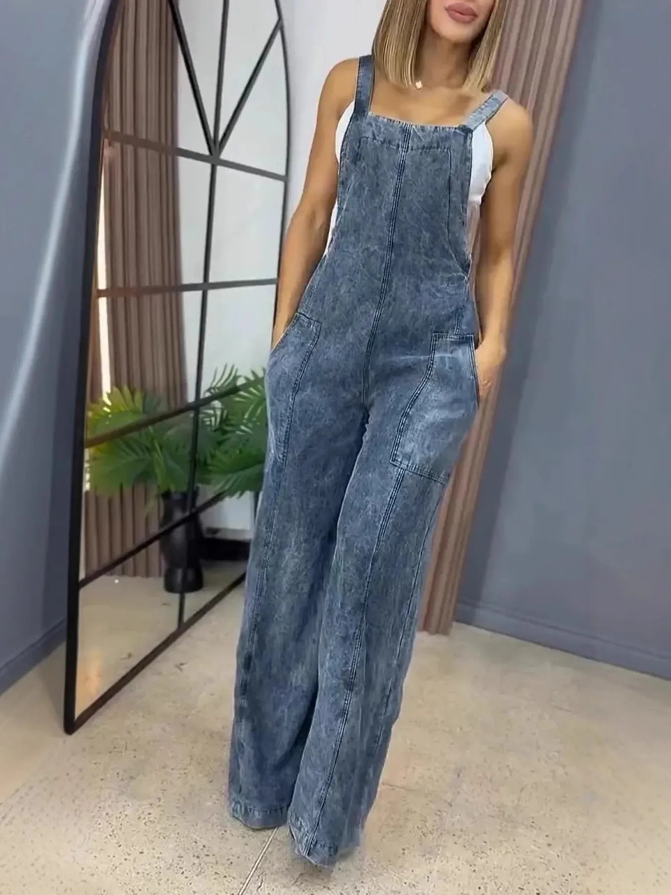 Full Size Wide Leg Washed Denim Overalls Plus Size - Merit Sell