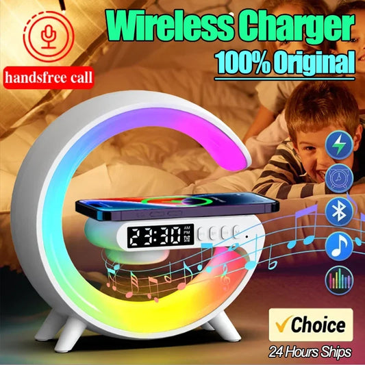 Wireless charger with clock and Bluetooth speaker on a colorful crescent moon design, with a child in the background.