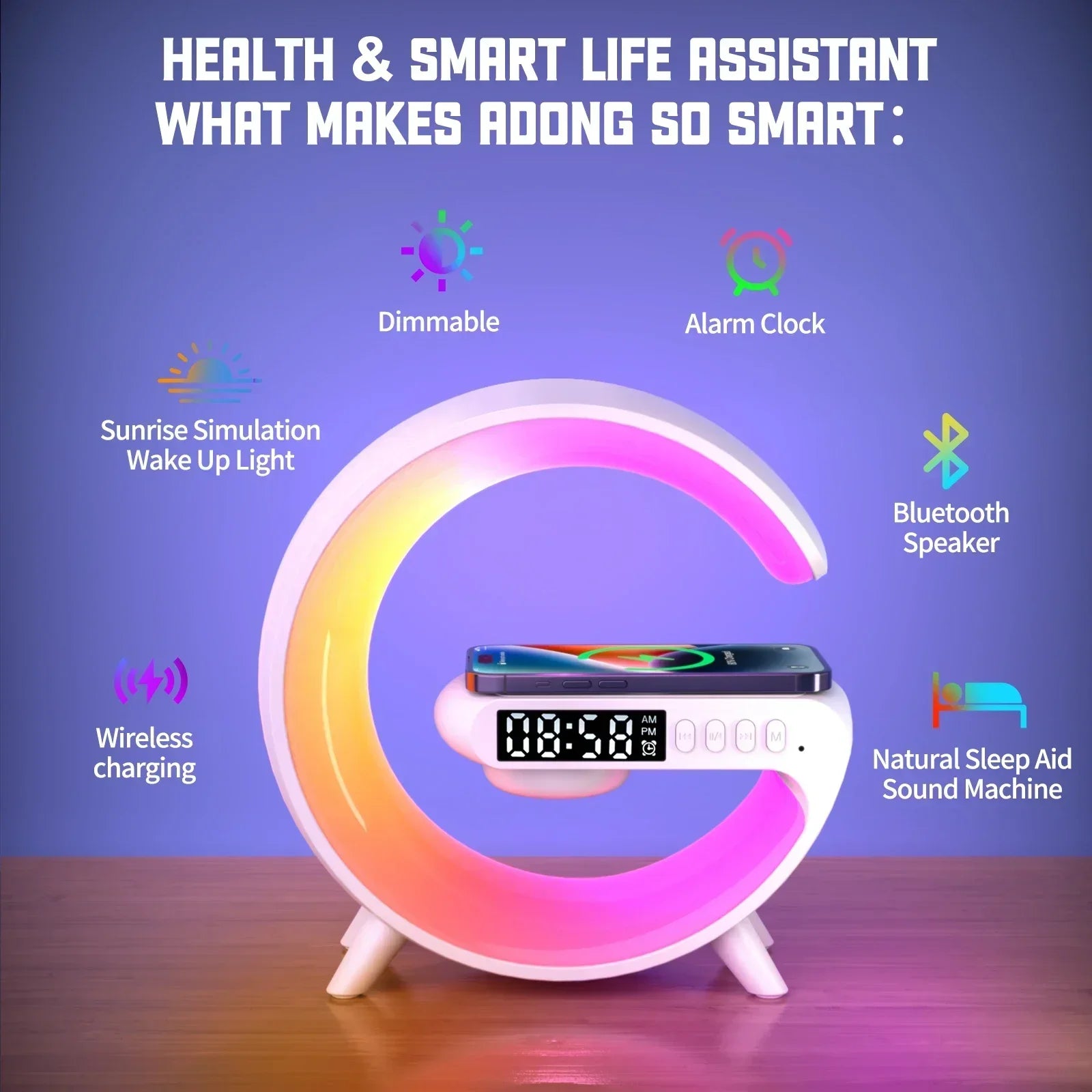 G Atmosphere Goodnight Light Wireless Charger Speaker Clock 6 Lighting Modes for iPhone 15 14 13 Samsung Fast Charging Station - Merit Sell