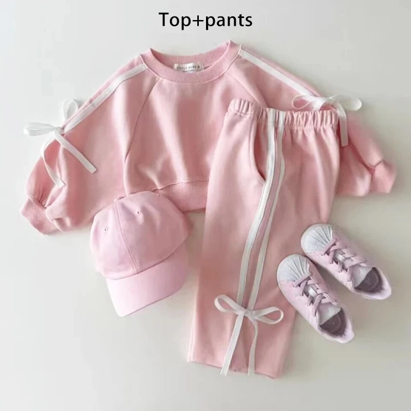 Girls Korean version Spring New Long Sleeve Clothes Set Baby Girls Bow patchwork pure cotton Casual 2pcs Suit Kids Sports Outfit - Merit Sell
