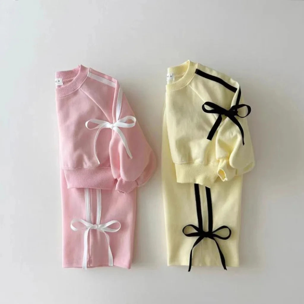 Girls Korean version Spring New Long Sleeve Clothes Set Baby Girls Bow patchwork pure cotton Casual 2pcs Suit Kids Sports Outfit - Merit Sell