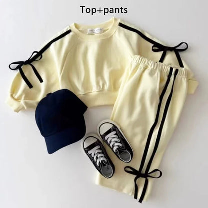 Girls Korean version Spring New Long Sleeve Clothes Set Baby Girls Bow patchwork pure cotton Casual 2pcs Suit Kids Sports Outfit - Merit Sell