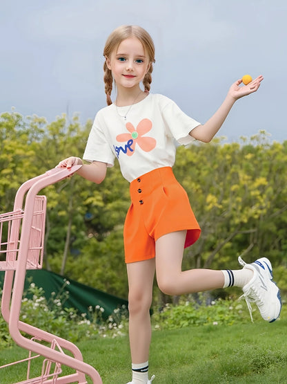 Girls' bright orange shorts: stylish double-breasted design, summer vibrant style - Merit Sell