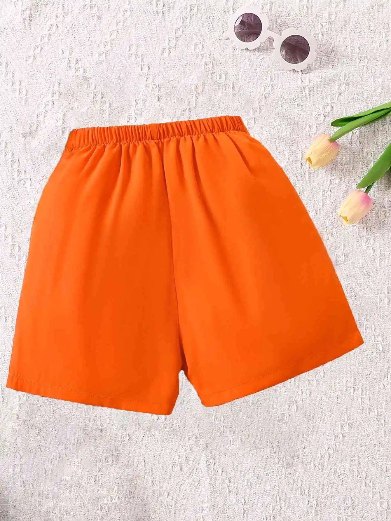 Girls' bright orange shorts: stylish double-breasted design, summer vibrant style - Merit Sell