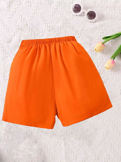 Girls' bright orange shorts: stylish double-breasted design, summer vibrant style - Merit Sell