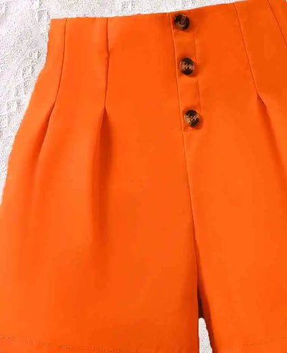 Girls' bright orange shorts: stylish double-breasted design, summer vibrant style - Merit Sell