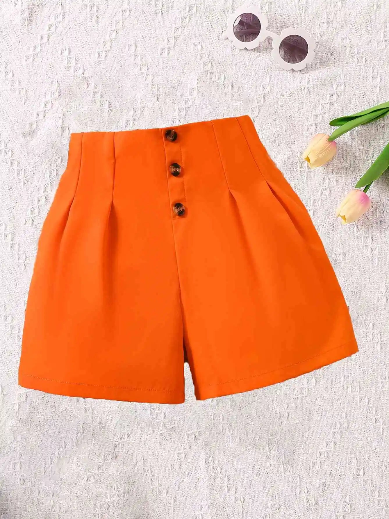 Girls' bright orange shorts: stylish double-breasted design, summer vibrant style - Merit Sell