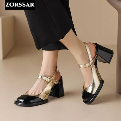 Gold Silver High Heels for Women 2024 Fashion Round Toe Genuine Leather Slingbacks Pumps Elegant Lady Heeled Shoes Summer Sandal - Merit Sell