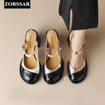 Gold Silver High Heels for Women 2024 Fashion Round Toe Genuine Leather Slingbacks Pumps Elegant Lady Heeled Shoes Summer Sandal - Merit Sell