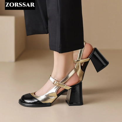 Gold Silver High Heels for Women 2024 Fashion Round Toe Genuine Leather Slingbacks Pumps Elegant Lady Heeled Shoes Summer Sandal - Merit Sell