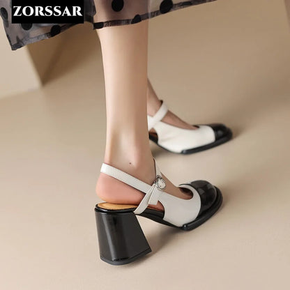Gold Silver High Heels for Women 2024 Fashion Round Toe Genuine Leather Slingbacks Pumps Elegant Lady Heeled Shoes Summer Sandal - Merit Sell