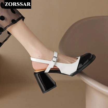 Gold Silver High Heels for Women 2024 Fashion Round Toe Genuine Leather Slingbacks Pumps Elegant Lady Heeled Shoes Summer Sandal - Merit Sell