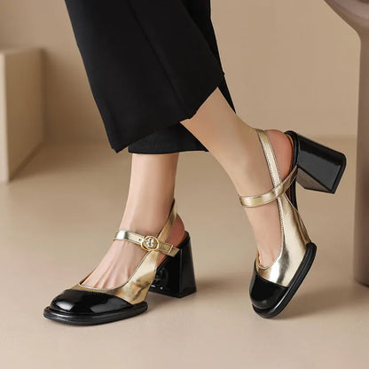 Gold Silver High Heels for Women 2024 Fashion Round Toe Genuine Leather Slingbacks Pumps Elegant Lady Heeled Shoes Summer Sandal - Merit Sell