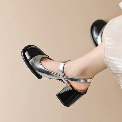 Gold Silver High Heels for Women 2024 Fashion Round Toe Genuine Leather Slingbacks Pumps Elegant Lady Heeled Shoes Summer Sandal - Merit Sell