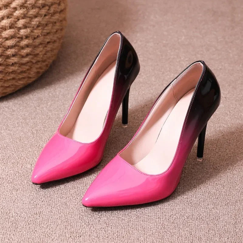 Gradient High Heels for Women's 10cm Sexy Fine Heel Pumps Fashion Party Plus Size 43 Pointed Toe Wed Shoes Patent Leather Dress - Merit Sell