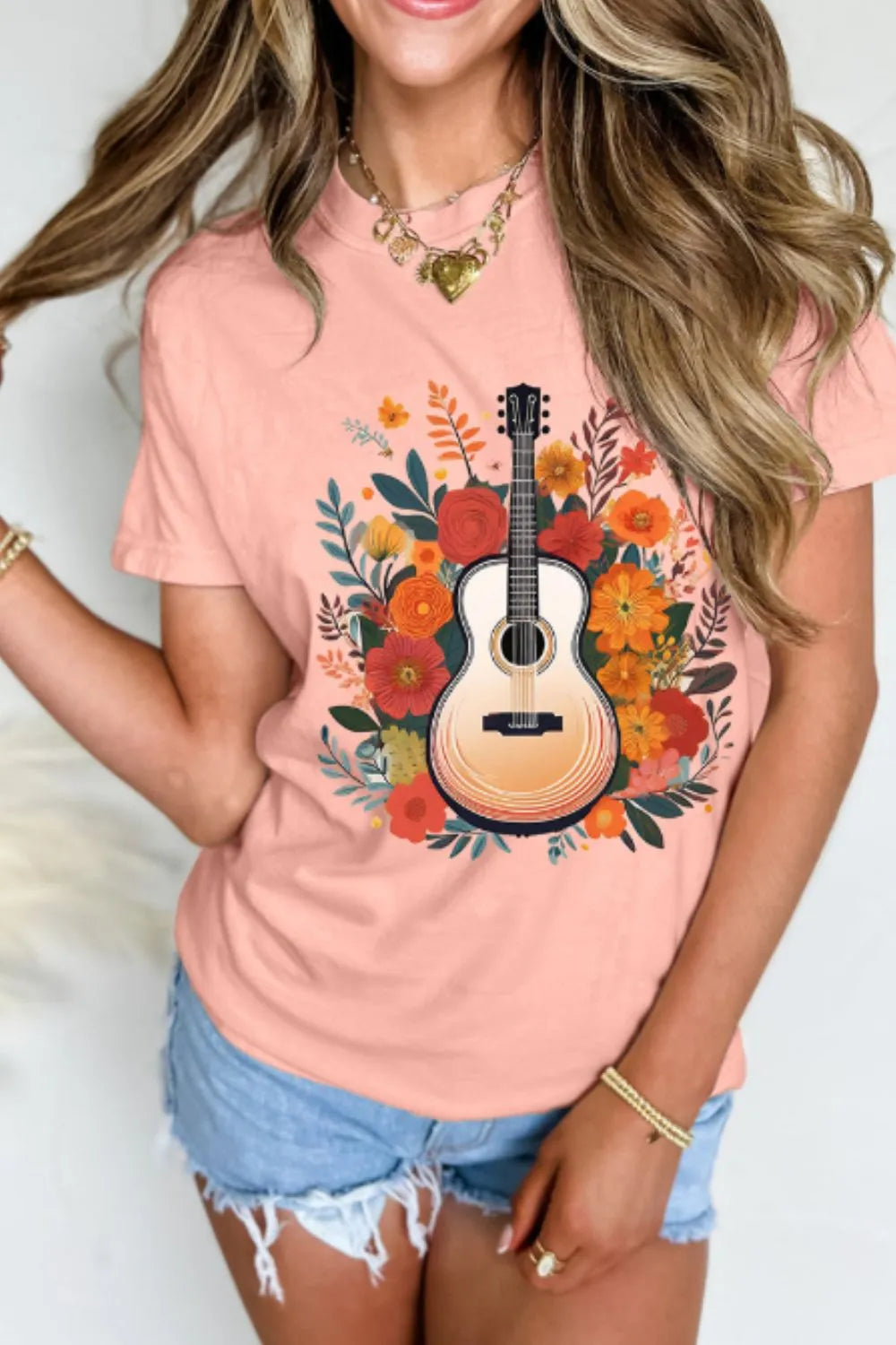 Guitar Flower Print Crew Neck Loose T Shirt - Merit Sell