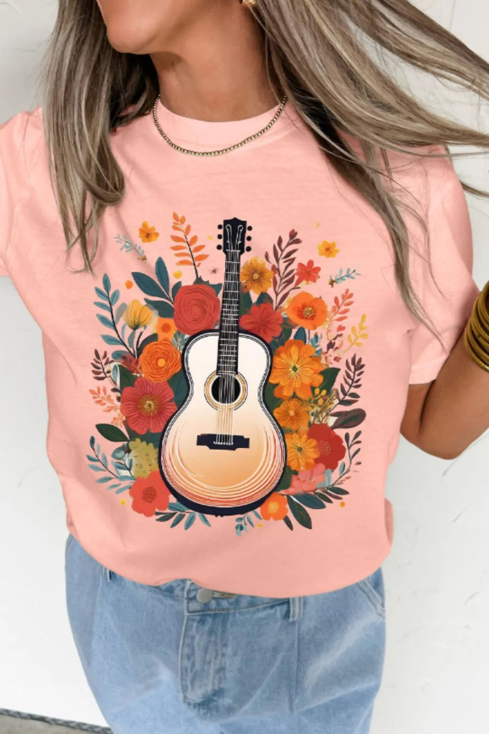 Guitar Flower Print Crew Neck Loose T Shirt - Merit Sell