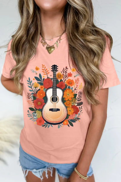 Guitar Flower Print Crew Neck Loose T Shirt - Merit Sell