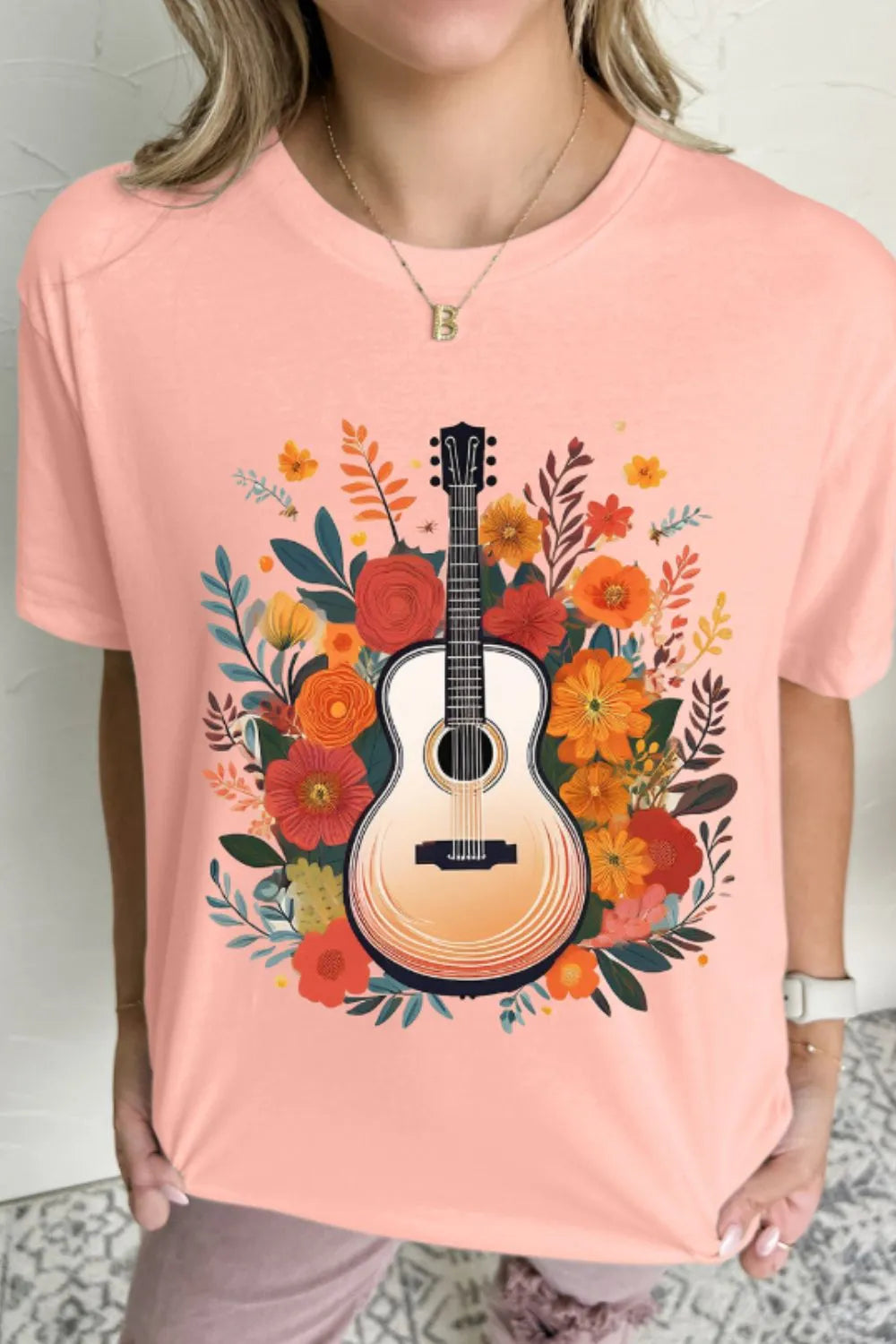 Guitar Flower Print Crew Neck Loose T Shirt - Merit Sell