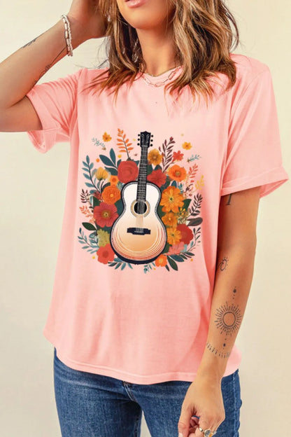 Guitar Flower Print Crew Neck Loose T Shirt - Merit Sell