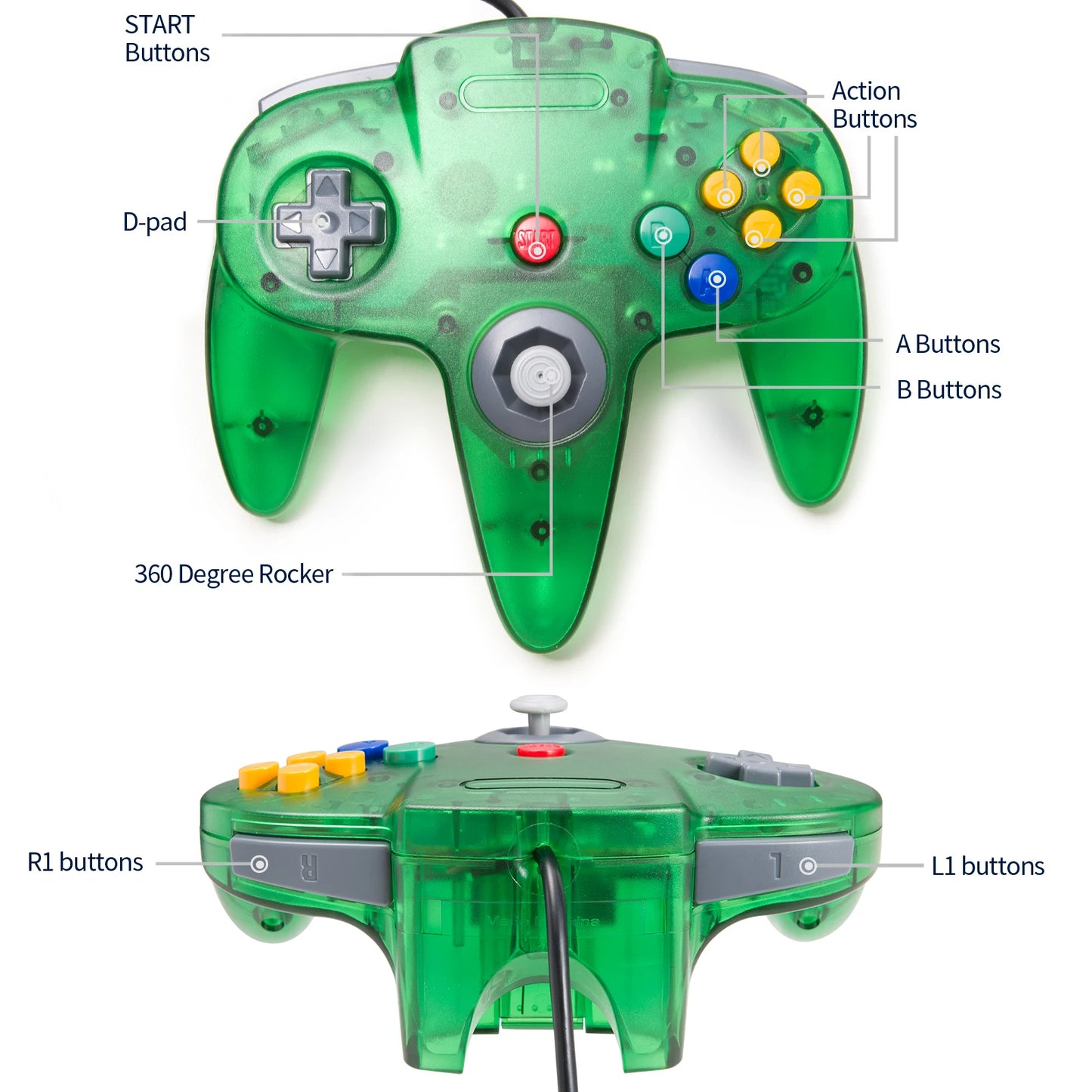 2Pcs Classic N64 Wired Remote Joystick Retra Gamepad Controller Compatible with N64 System Console (Black+Green)