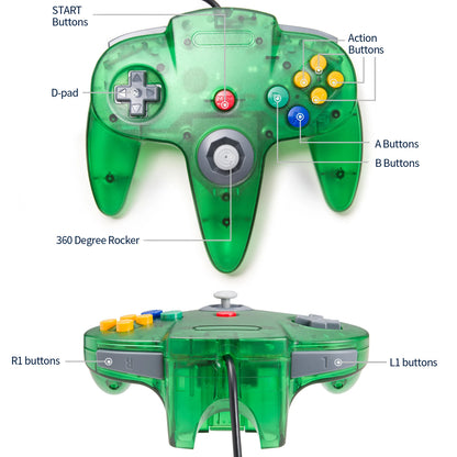 2Pcs Classic N64 Wired Remote Joystick Retra Gamepad Controller Compatible with N64 System Console (Black+Green)