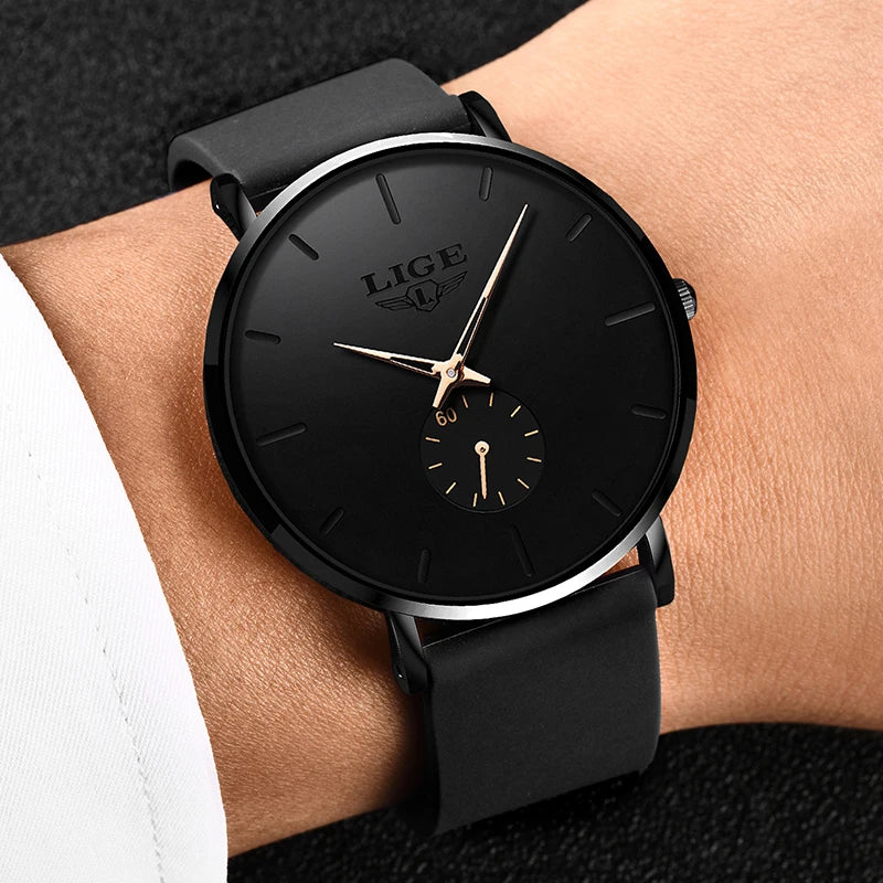 LIGE Fashion Simple Men Watch Silicone Strap 30M Waterproof Quartz Wrist Watch for Men Ultrathin Black Dial Watches reloj hombre