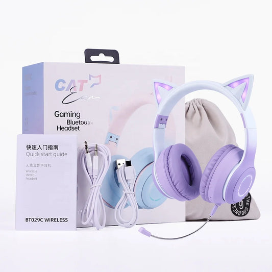 Luminous Led Light Gradient Cute Cat Ears BT029C Headband Wireless Headphone Foldable Gaming Headset Headphones With Microphone