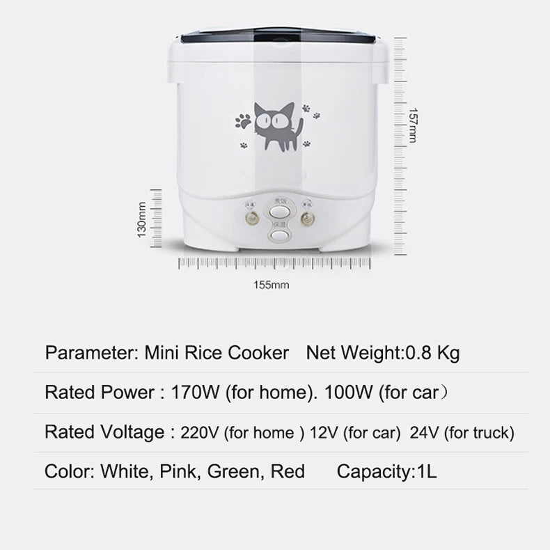 1L Car Mini Rice Cooker Multi-function Electric Water Food Heater Machine Lunch Box Warmer 2 Persons For Home Car SUV Truck