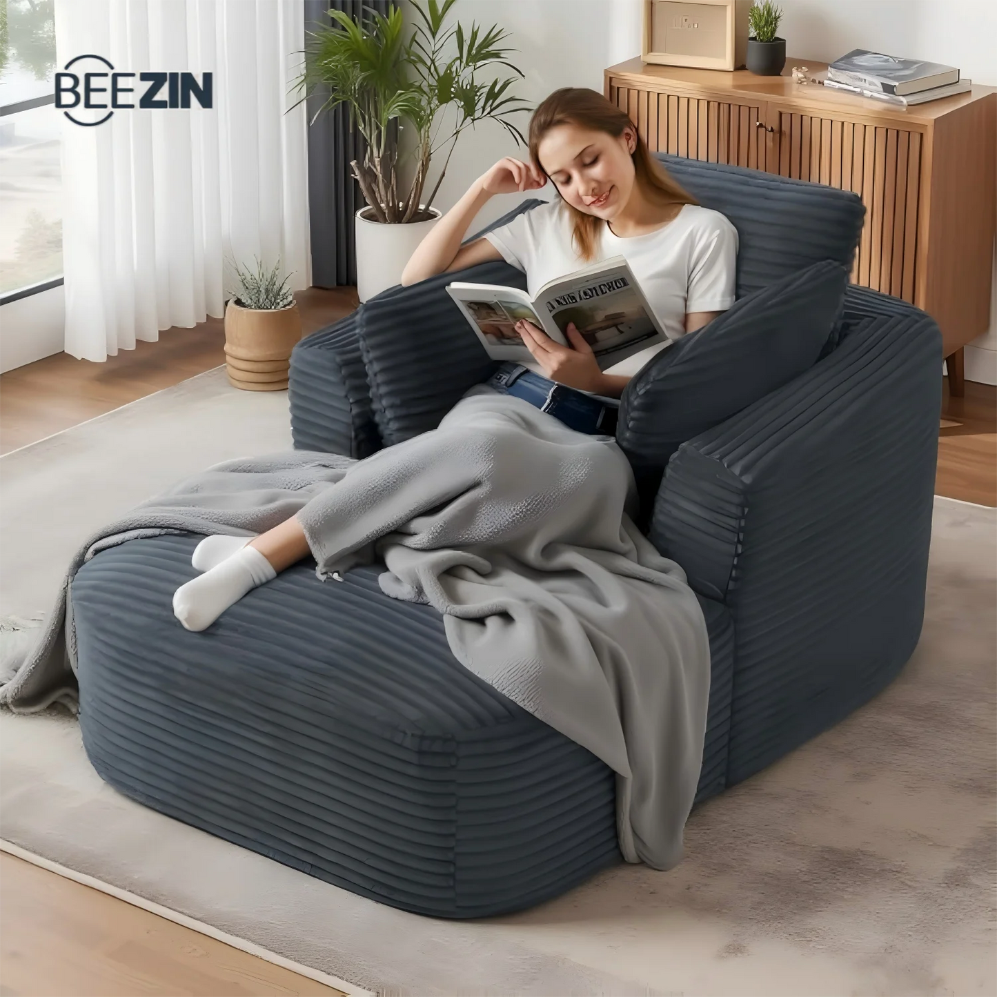 Unisofa Nordic Style Modern Convertible Extendable Lazy Compression Spring Fabric Sofa in Box Frameless Foam Boneless