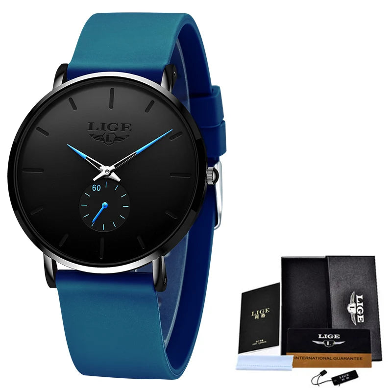 LIGE Fashion Simple Men Watch Silicone Strap 30M Waterproof Quartz Wrist Watch for Men Ultrathin Black Dial Watches reloj hombre