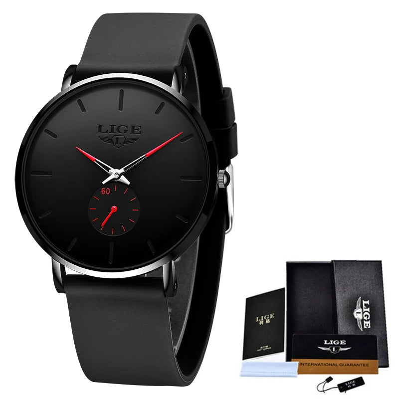 LIGE Fashion Simple Men Watch Silicone Strap 30M Waterproof Quartz Wrist Watch for Men Ultrathin Black Dial Watches reloj hombre