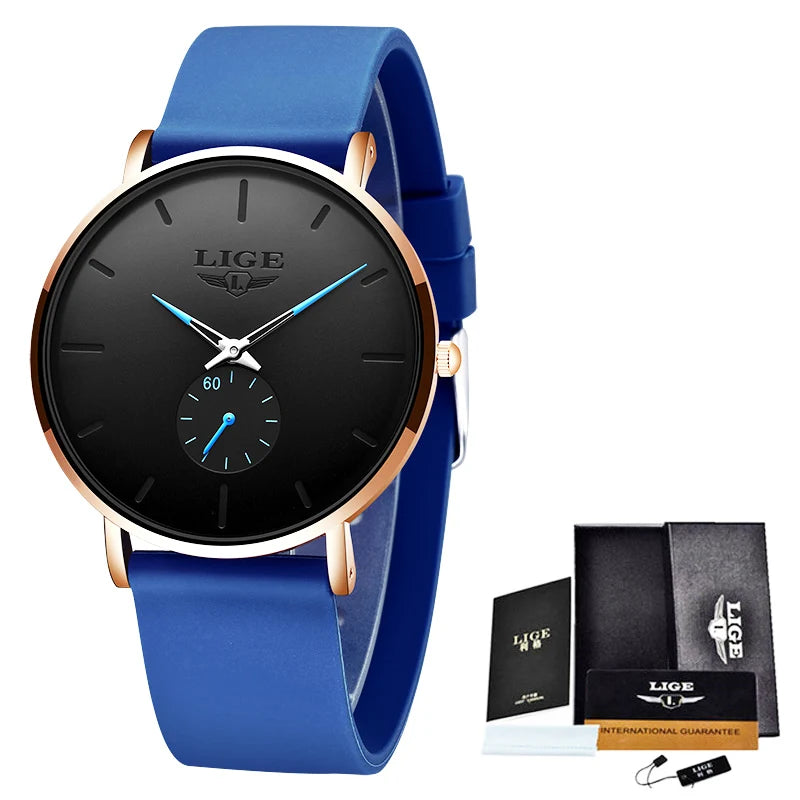 LIGE Fashion Simple Men Watch Silicone Strap 30M Waterproof Quartz Wrist Watch for Men Ultrathin Black Dial Watches reloj hombre