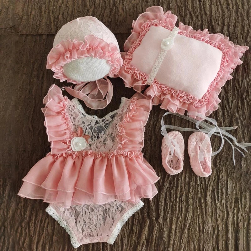 5 Pcs Newborn Photography Props Baby Lace Cute Romper Dress Hat Pillow Shorts Shoes Set Soft Cotton Bodysuit Jumpsuit