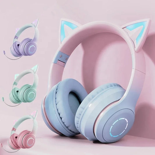 Luminous Led Light Gradient Cute Cat Ears BT029C Headband Wireless Headphone Foldable Gaming Headset Headphones With Microphone