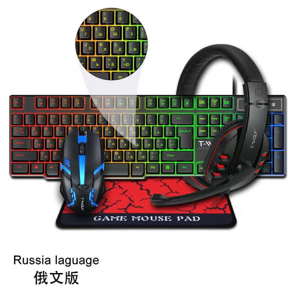 4 in 1 PC Gamer Value rainbow Backlit Keyboard with Colorful Backlit Mouse Adn Large Size Mousepad and Gaming Headset