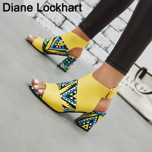 Women Stylish Print Sandals Boots Peep Toe Buckle Strap Summer High Heel Gladiator Shoes Woman Yellow Green sandalias mujer 2025