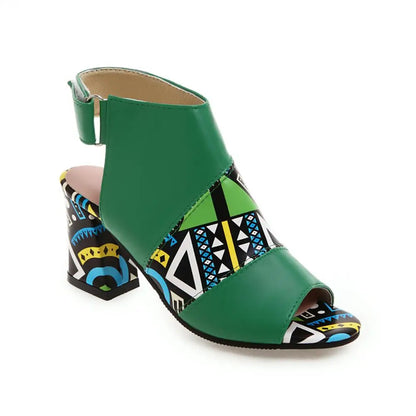 Women Stylish Print Sandals Boots Peep Toe Buckle Strap Summer High Heel Gladiator Shoes Woman Yellow Green sandalias mujer 2025