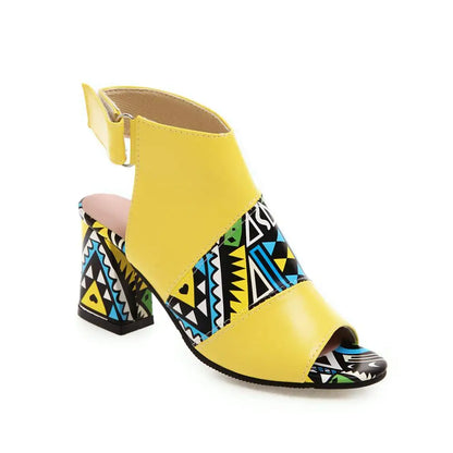 Women Stylish Print Sandals Boots Peep Toe Buckle Strap Summer High Heel Gladiator Shoes Woman Yellow Green sandalias mujer 2025