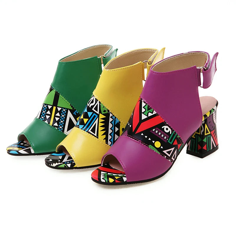 Women Stylish Print Sandals Boots Peep Toe Buckle Strap Summer High Heel Gladiator Shoes Woman Yellow Green sandalias mujer 2025