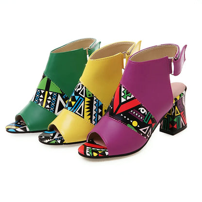 Women Stylish Print Sandals Boots Peep Toe Buckle Strap Summer High Heel Gladiator Shoes Woman Yellow Green sandalias mujer 2025