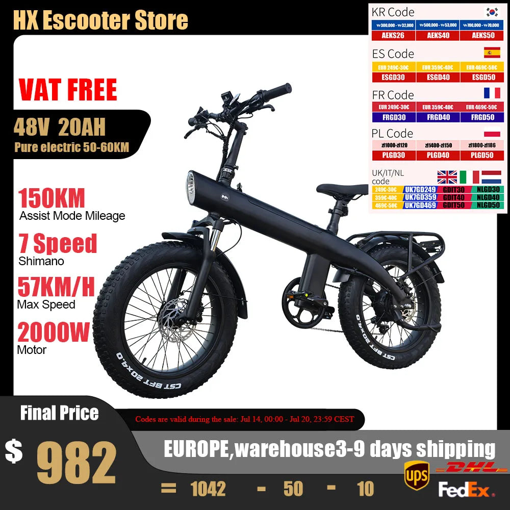 HX Q3 2000W Adult Electric Bicycle 48V 20AH E Bike Removable Battery Foldable Ebike 20 inch fat tire Electric Bike - Merit Sell