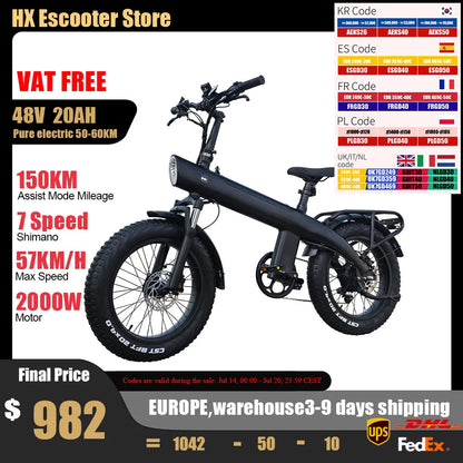 HX Q3 2000W Adult Electric Bicycle 48V 20AH E Bike Removable Battery Foldable Ebike 20 inch fat tire Electric Bike - Merit Sell