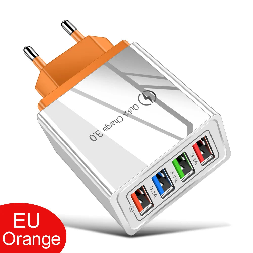 3A USB Charger 4 Port USB Quick Charge 3.0 EU US Plug Mobile Phone Charger Wall Adapter Portable Fast Charging For iPhone 16 Pro