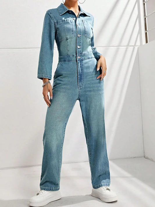 Half Button Long Sleeve Straight Leg Denim Jumpsuit - Merit Sell