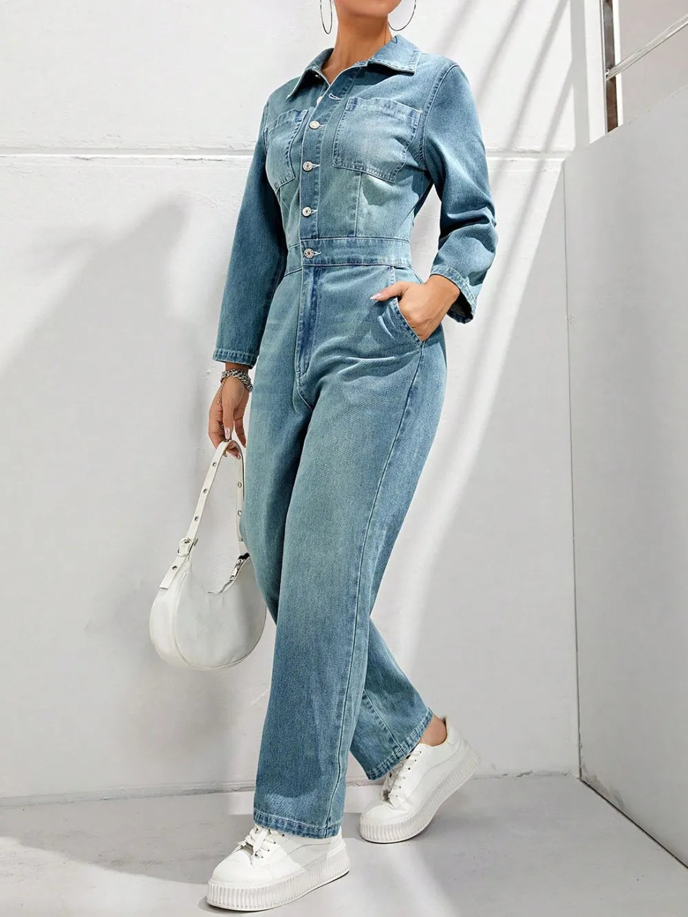 Half Button Long Sleeve Straight Leg Denim Jumpsuit - Merit Sell