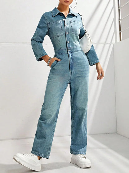 Half Button Long Sleeve Straight Leg Denim Jumpsuit - Merit Sell